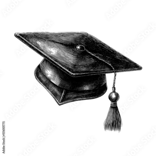Modern illustration of a black graduation cap with a tassel suspended in mid-air, depicted in a sketch style