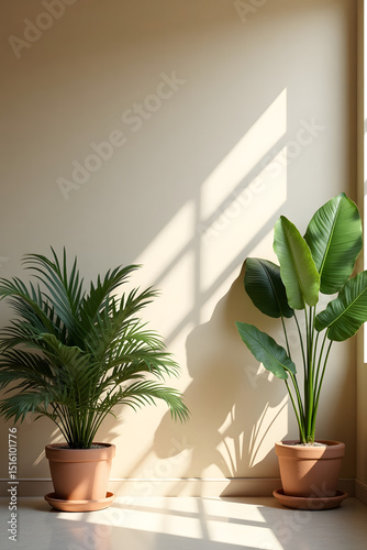 Two potted plant:A pair of vibrant potted plants bask in natural light near beige wall, adding a touch of tranquility and green to interior.