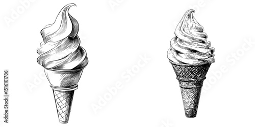 A soft serve ice cream cone is depicted in a modern illustration through a monochrome sketch with detailed linework