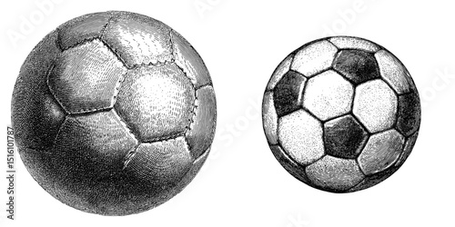 A classic soccer ball is illustrated in a modern black and white sketch with a vintage feel