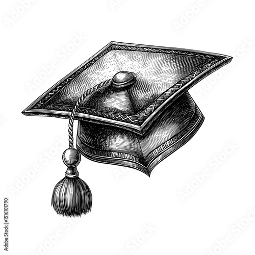 Modern illustration featuring a black and white depiction of a vintage graduation cap complete with tassel