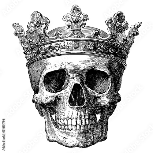 A modern illustration featuring a detailed monochrome skull adorned with an ornate crown in sketch style represents power and mortality