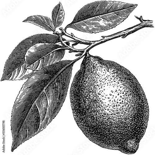 A lemon with leaves on a branch is depicted in a detailed black and white engraving, presented as a modern illustration