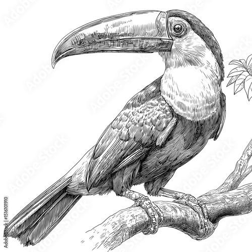 In a modern illustration, a toucan is depicted perched on a branch, illustrated in a minimalist black and white sketch style art form