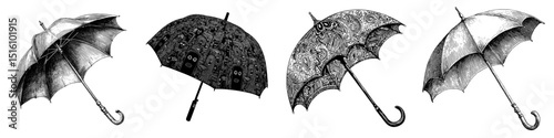 A modern illustration features a black vintage umbrella with a wooden handle depicted in detailed line art using a sketch style