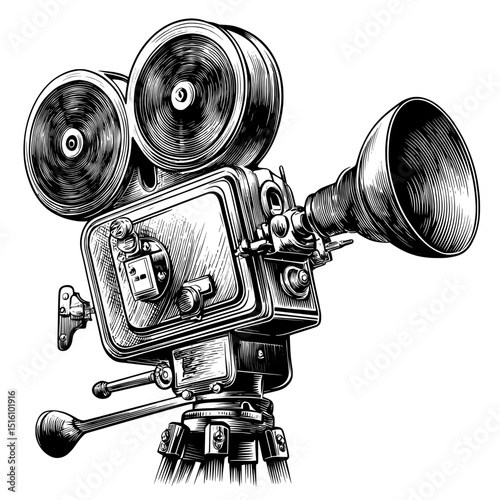 Detailed textures are prominent in this vintage black and white sketch of a classic film camera, showcased as a modern illustration