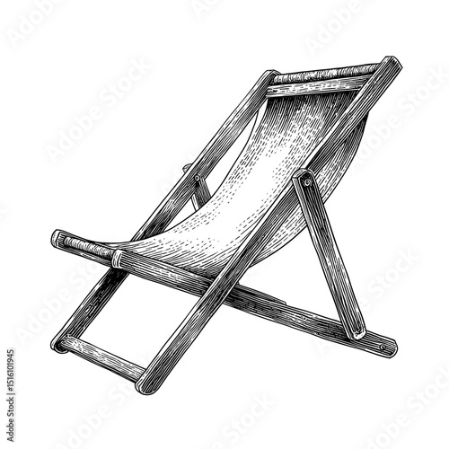 This modern illustration shows a wooden foldable deck chair created in monochrome sketch style