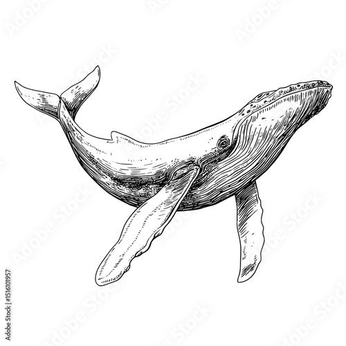 Detailed sketch style is used in this modern black and white illustration of a humpback whale