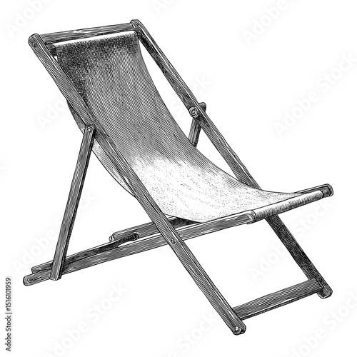 The illustration showcases a vintage wooden deck chair in a modern black and white sketch drawing style