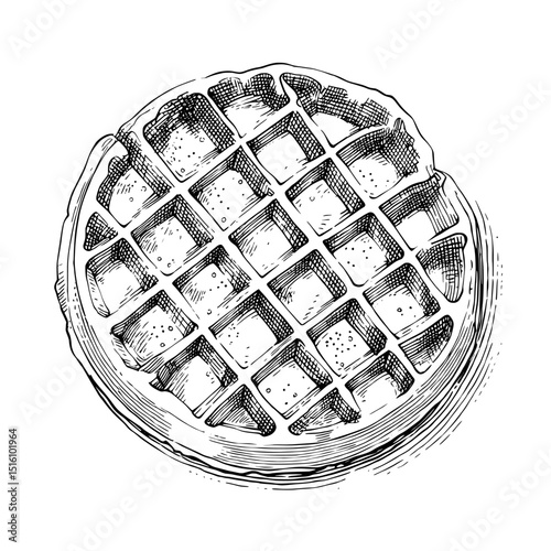 A classic round waffle is depicted in a detailed black and white illustration with a modern sketch style