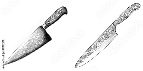 A modern illustration featuring a vintage kitchen knife with intricate details in a sketch style