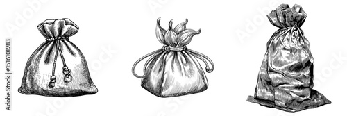 Modern illustration featuring a detailed black and white sketch of a drawstring pouch with intricate textures