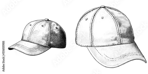 Detailed sketch of a baseball cap in black and white, completed with modern illustration techniques and pen shading effects