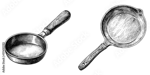 This modern illustration presents a frying pan with a detailed wooden handle in a black and white sketch