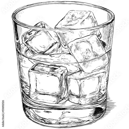 Detailed sketch in modern illustration of ice cubes in a glass, depicted in black and white