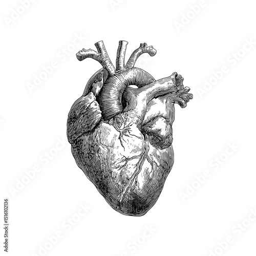 Detailed black and white illustration of a human heart, complete with radiant lines, is showcased in a modern style