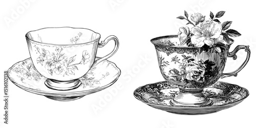 Modern illustration features an intricate sketch of a traditional teacup placed on a coordinating saucer in black and white