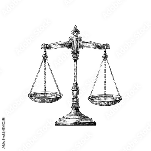 Modern illustration featuring a detailed black and white depiction of vintage balance scales symbolizing justice