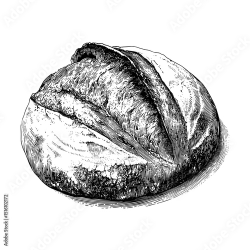Modern illustration of a rustic loaf of bread depicted in realistic black and white sketch