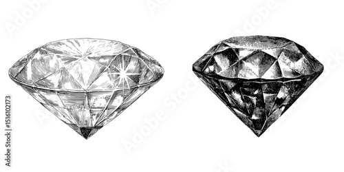 A faceted diamond is depicted in a detailed monochrome illustration of sketch art, presented in a modern style