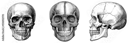 A human skull is depicted in a detailed black and white sketch with intricate line work, presented as a modern illustration