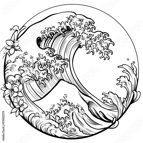 A modern illustration, rendered in woodcut style, shows turbulent ocean waves in black and white
