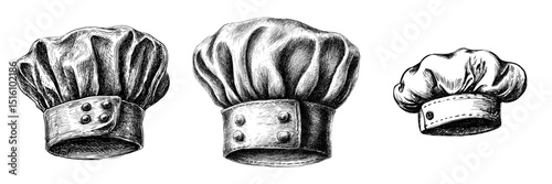 Modern illustration featuring a detailed black and white sketch of a traditional chef hat with button details