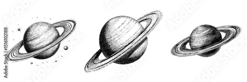 Modern illustration of Saturn featuring detailed black and white sketch with rings, an artistic representation