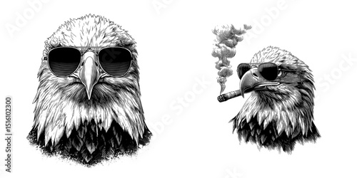 Stylized Illustration Featuring an Eagle Head Wearing Sunglasses as a Vintage Engraving