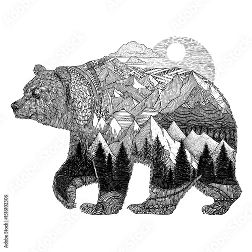 Detailed illustration of a bear in a woodcut style, with the bear wearing a backpack