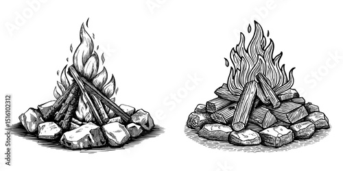 Rustic illustration of a campfire made in woodcut style, complete with flames and rocks