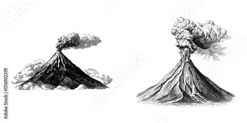 Mountain Eruption with Dramatic Clouds Depicted in Black and White Engraving