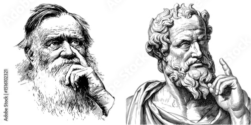 Woodcut-Style Engraving of a Pensive Bearded Gentleman’ is now ‘Classic Woodcut Illustration Featuring a Contemplative Bearded Man