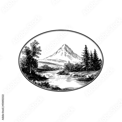 Black and white engraving portraying a peaceful mountain landscape scene
