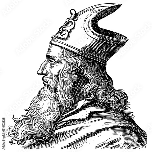 Detailed engraving is used to illustrate a bearded man wearing a specific style of hat