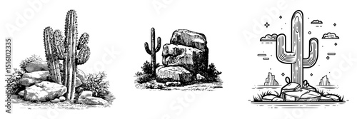 A detailed illustration of a cactus and rocks set in the desert, created using woodcut techniques
