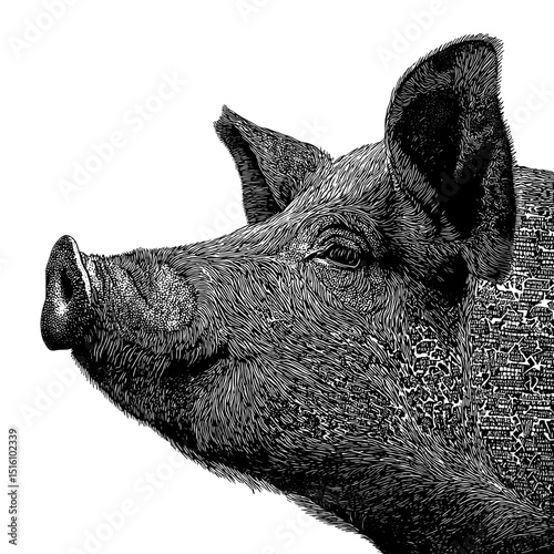 Black and white illustration of a pig head created using detailed engraving techniques