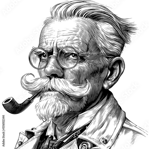 A portrait of a stylish mustached man is depicted in a detailed vintage engraving