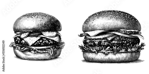 An intricate engraving depicts a traditional hamburger complete with various toppings and a bun