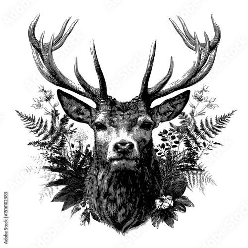 In a black and white scratch board image, a generative AI-created illustration features deer with large antlers, surrounded by ornate foliage, evoking a sense of nature, wildlife, and sophistication