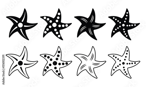 Starfish icon set. Simple fill and line art of sea starfish icons isolated on white background. Summer, vector illustration.