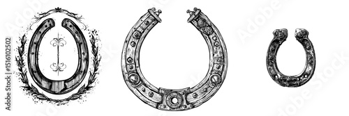 A detailed sketch of a horseshoe is rendered in black and white with a rustic charm and vintage appeal