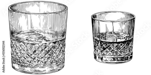 A whiskey glass is depicted in a detailed hand drawn sketch that features intricate patterns and shadows