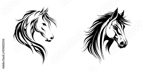The Elegant Horse Head Silhouette features a horse head illustration that is both striking and monochrome, with clean lines and bold contrasts highlighting its graceful form and strength