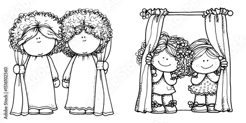 Cartoon girls and princesses are depicted peeking through curtains in a black and white illustration