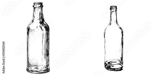 A glass bottle devoid of contents is illustrated on a white backdrop