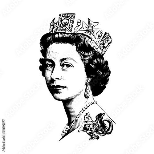A vintage illustration in woodcut style portrays a queen with her crown