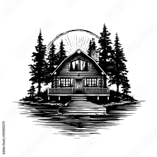 A woodcut picture of a cabin with trees all around it, reminiscent of a bygone era