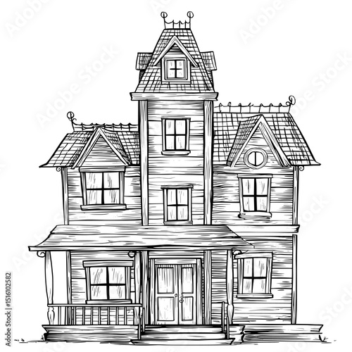 The illustration is a vintage woodcut of a house with a charming architectural design