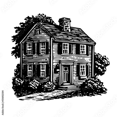 A traditional two-story house is shown in a classic vintage woodcut illustration
